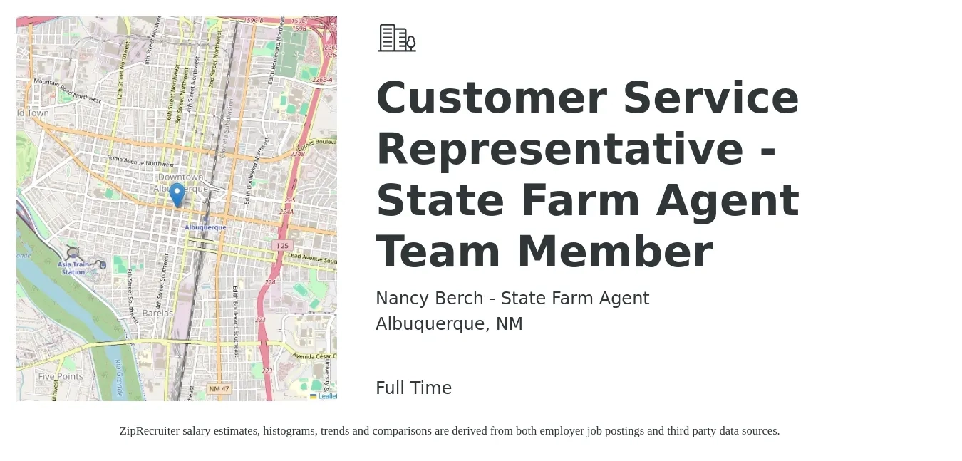 Nancy Berch - State Farm Agent job posting for a Customer Service Representative - State Farm Agent Team Member in Albuquerque, NM with a salary of $14 to $20 Hourly with a map of Albuquerque location.
