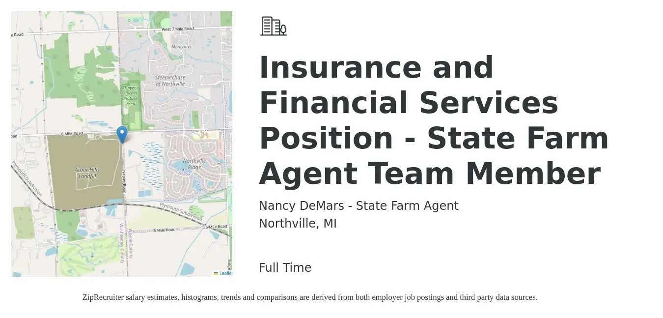 Nancy DeMars - State Farm Agent job posting for a Insurance and Financial Services Position - State Farm Agent Team Member in Northville, MI with a salary of $40,400 to $59,900 Yearly with a map of Northville location.