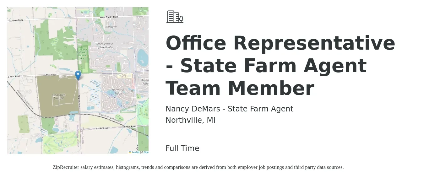 Nancy DeMars - State Farm Agent job posting for a Office Representative - State Farm Agent Team Member in Northville, MI with a salary of $38,000 to $52,300 Yearly with a map of Northville location.
