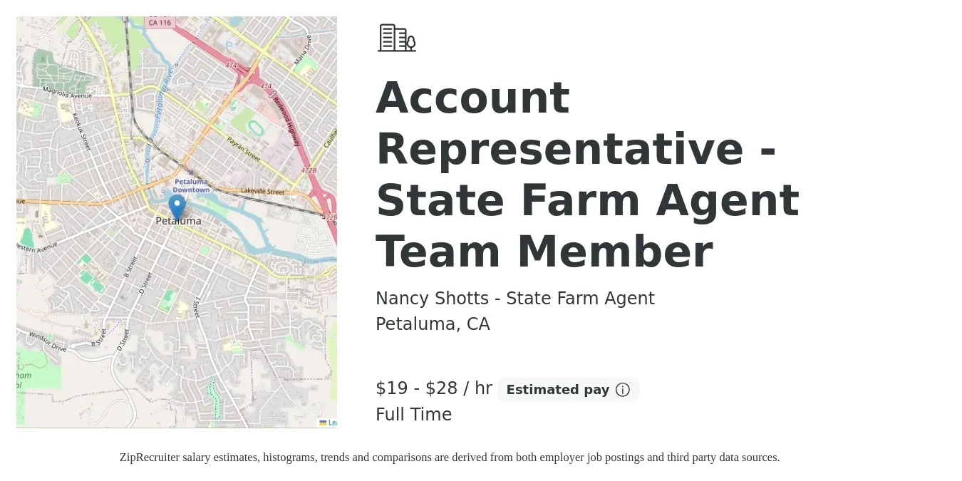 Nancy Shotts - State Farm Agent job posting for a Account Representative - State Farm Agent Team Member in Petaluma, CA with a salary of $20 to $30 Hourly with a map of Petaluma location.