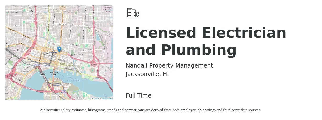Nandail Property Management job posting for a Licensed Electrician and Plumbing in Jacksonville, FL with a salary of $500 to $1,500 Weekly with a map of Jacksonville location.