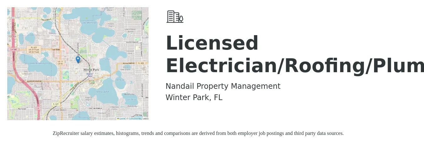 Nandail Property Management job posting for a Licensed Electrician/Roofing/Plumbing in Winter Park, FL with a salary of $500 to $1,500 Weekly with a map of Winter Park location.