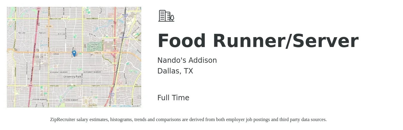 Nando's Addison job posting for a Food Runner/Server in Dallas, TX with a salary of $11 to $16 Hourly with a map of Dallas location.
