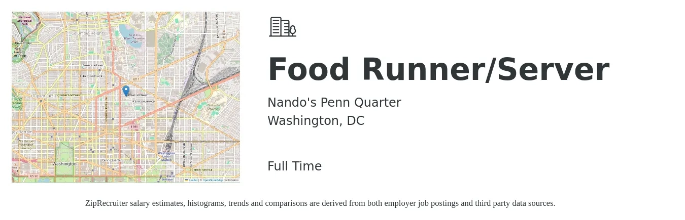 Nando's Penn Quarter job posting for a Food Runner/Server in Washington, DC with a salary of $12 to $19 Hourly with a map of Washington location.
