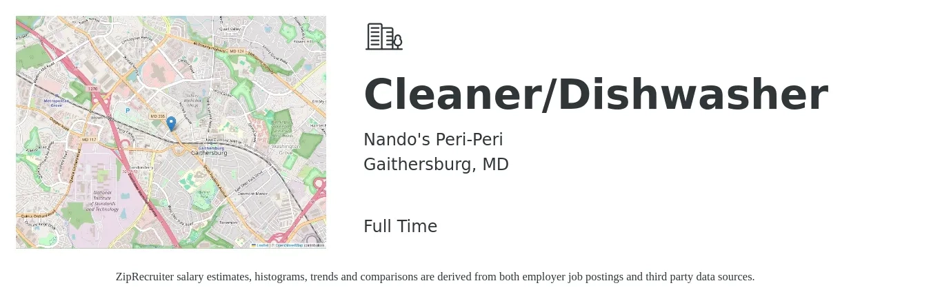 Nando's Peri-Peri job posting for a Cleaner/Dishwasher in Gaithersburg, MD with a salary of $14 to $18 Hourly with a map of Gaithersburg location.