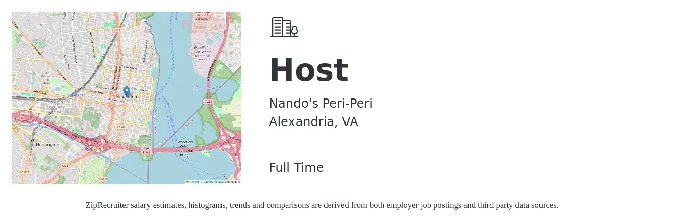 Nando's Peri-Peri job posting for a Host in Alexandria, VA with a salary of $13 to $18 Hourly with a map of Alexandria location.
