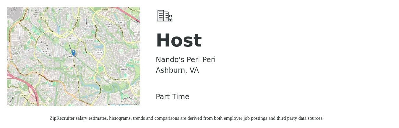 Nando's Peri-Peri job posting for a Host in Ashburn, VA with a salary of $12 to $17 Hourly with a map of Ashburn location.