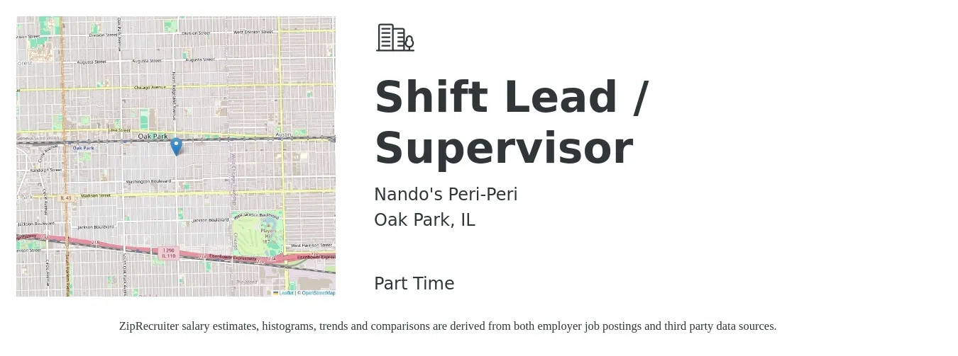 Nando's Peri-Peri job posting for a Shift Lead / Supervisor in Oak Park, IL with a salary of $14 to $17 Hourly with a map of Oak Park location.