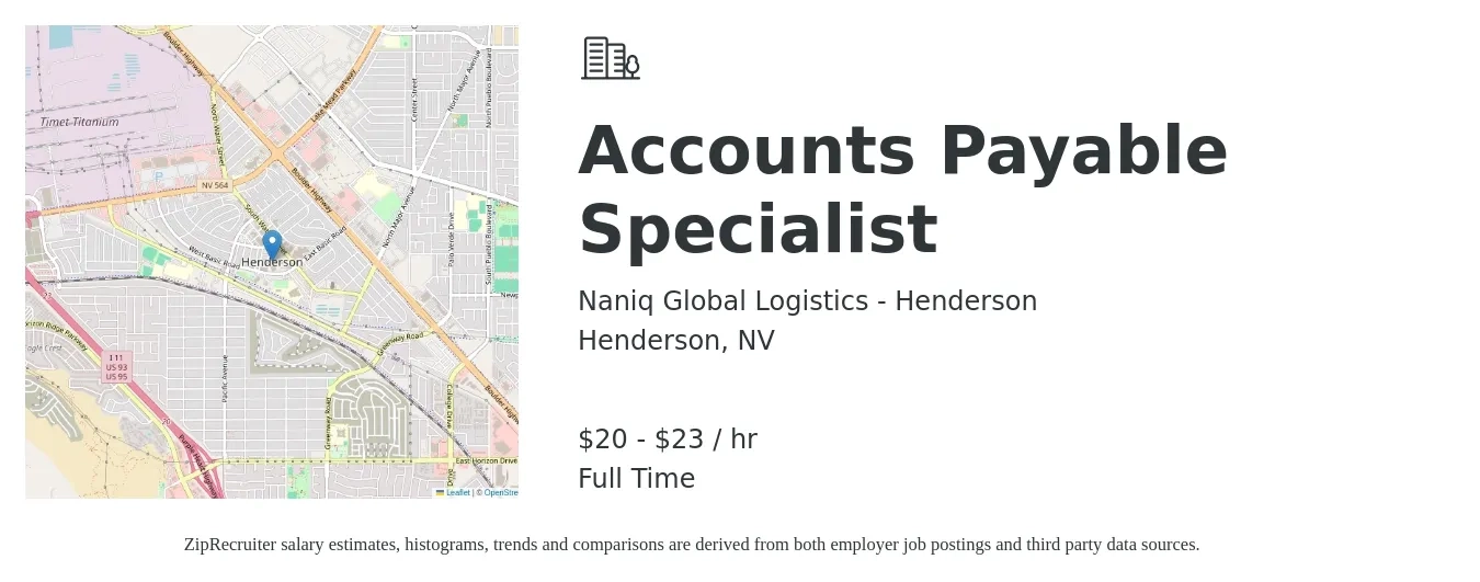 Naniq Global Logistics - Henderson job posting for a Accounts Payable Specialist in Henderson, NV with a salary of $21 to $24 Hourly with a map of Henderson location.