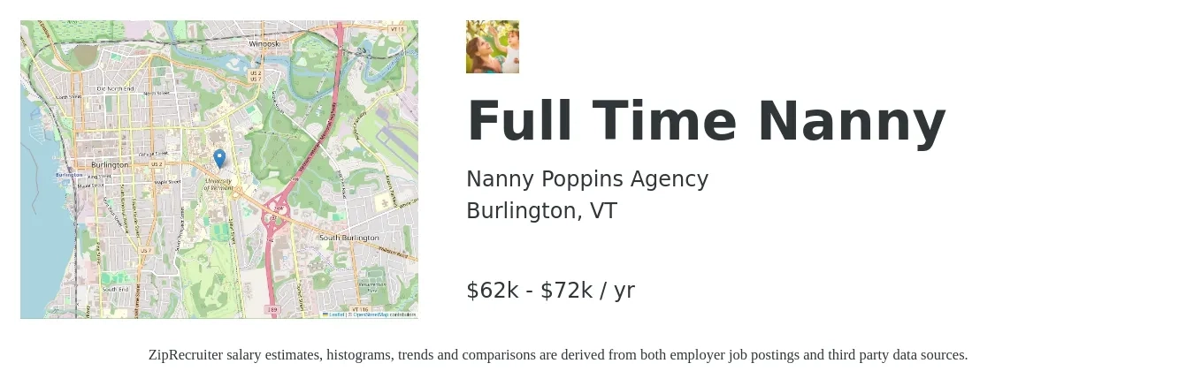 Nanny Poppins Agency job posting for a Full Time Nanny in Burlington, VT with a salary of $62,400 to $72,800 Yearly with a map of Burlington location.