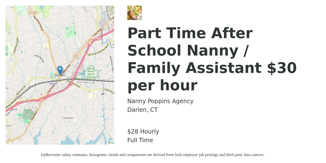 Nanny Poppins Agency job posting for a Part Time After School Nanny / Family Assistant $30 per hour in Darien, CT with a salary of $30 Hourly with a map of Darien location.
