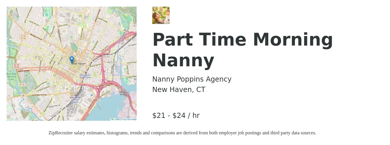Nanny Poppins Agency job posting for a Part Time Morning Nanny in New Haven, CT with a salary of $22 to $25 Hourly with a map of New Haven location.