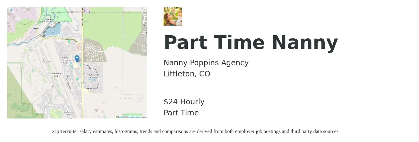 Nanny Poppins Agency job posting for a Part Time Nanny in Littleton, CO with a salary of $25 to $30 Hourly with a map of Littleton location.