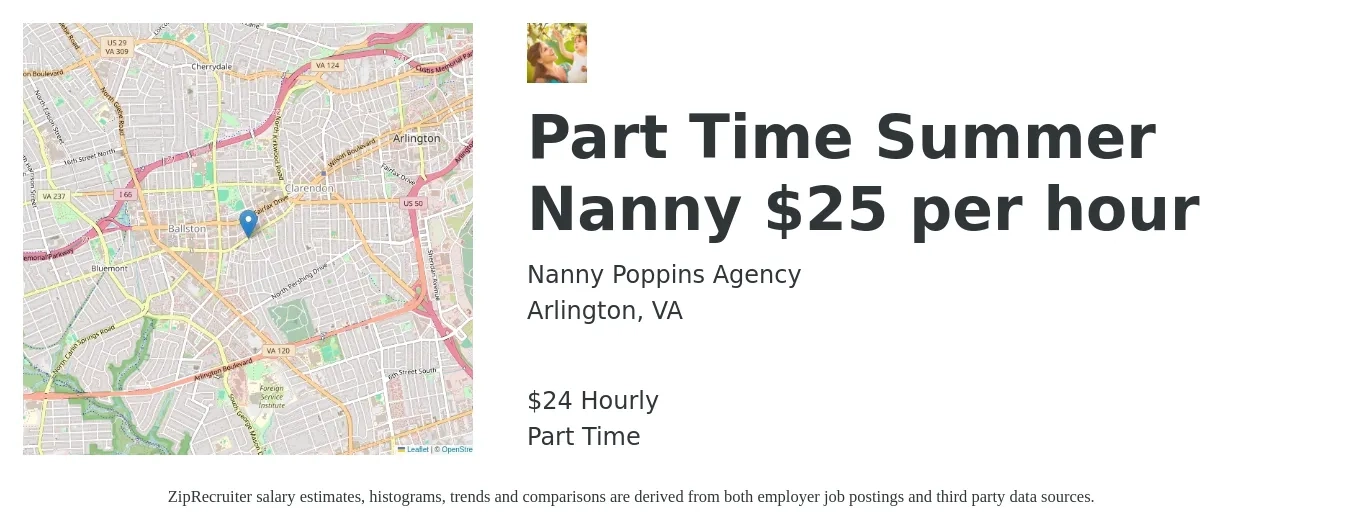 Nanny Poppins Agency job posting for a Part Time Summer Nanny $25 per hour in Arlington, VA with a salary of $25 Hourly with a map of Arlington location.