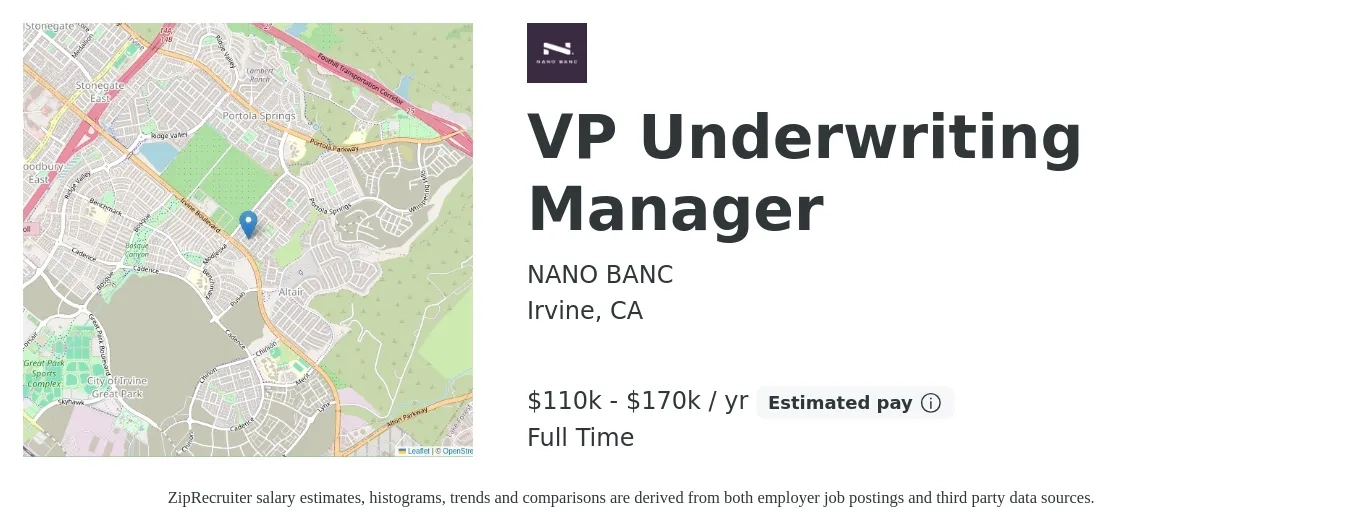NANO BANC job posting for a VP Underwriting Manager in Irvine, CA with a salary of $138,000 to $248,000 Yearly with a map of Irvine location.