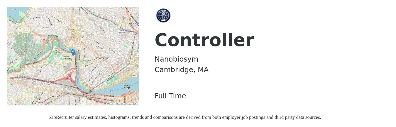 Nanobiosym job posting for a Controller in Cambridge, MA with a salary of $106,000 to $151,400 Yearly with a map of Cambridge location.