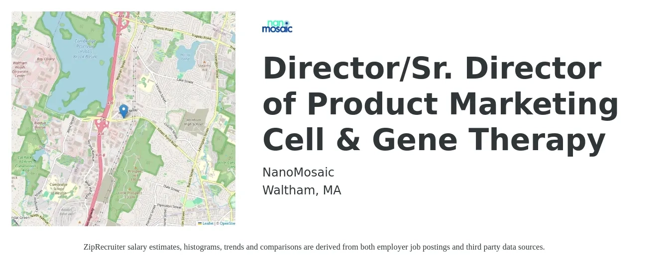 NanoMosaic job posting for a Director/Sr. Director of Product Marketing Cell & Gene Therapy in Waltham, MA with a salary of $164,000 to $244,100 Yearly with a map of Waltham location.