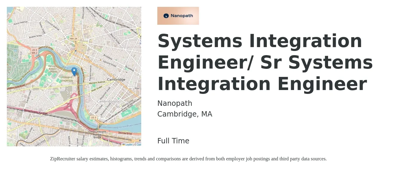 Nanopath job posting for a Systems Integration Engineer/ Sr Systems Integration Engineer in Cambridge, MA with a salary of $182,500 Yearly with a map of Cambridge location.