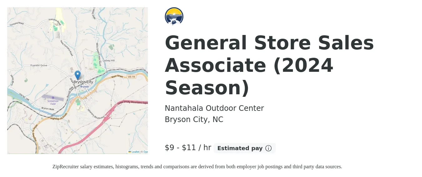Nantahala Outdoor Center job posting for a General Store Sales Associate (2024 Season) in Bryson City, NC with a salary of $10 to $12 Hourly with a map of Bryson City location.