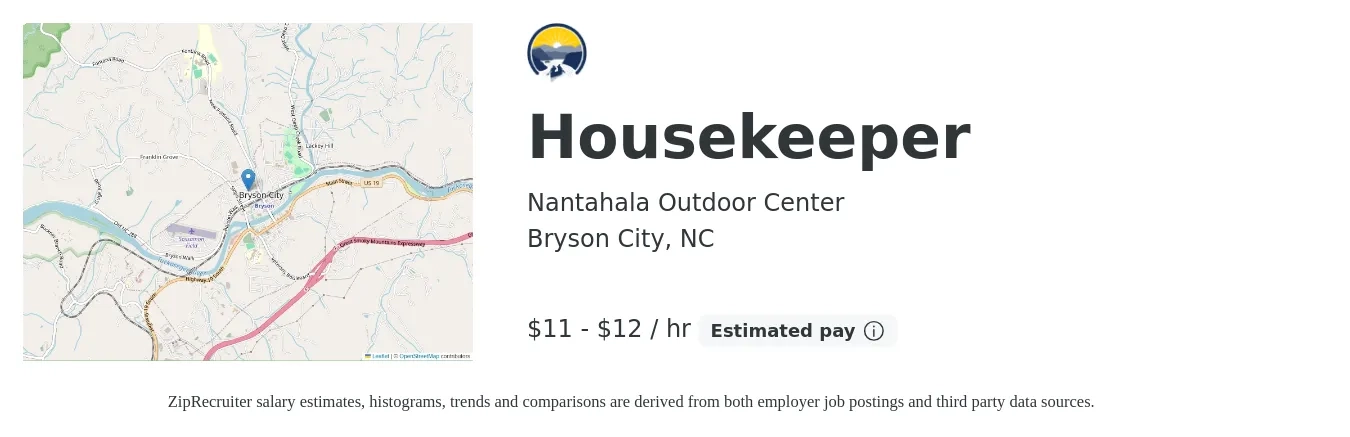 Nantahala Outdoor Center job posting for a Housekeeper in Bryson City, NC with a salary of $12 to $13 Hourly with a map of Bryson City location.