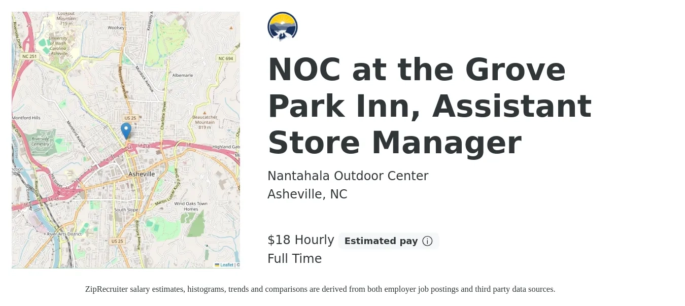 Nantahala Outdoor Center job posting for a NOC at the Grove Park Inn, Assistant Store Manager in Asheville, NC with a salary of $19 Hourly with a map of Asheville location.