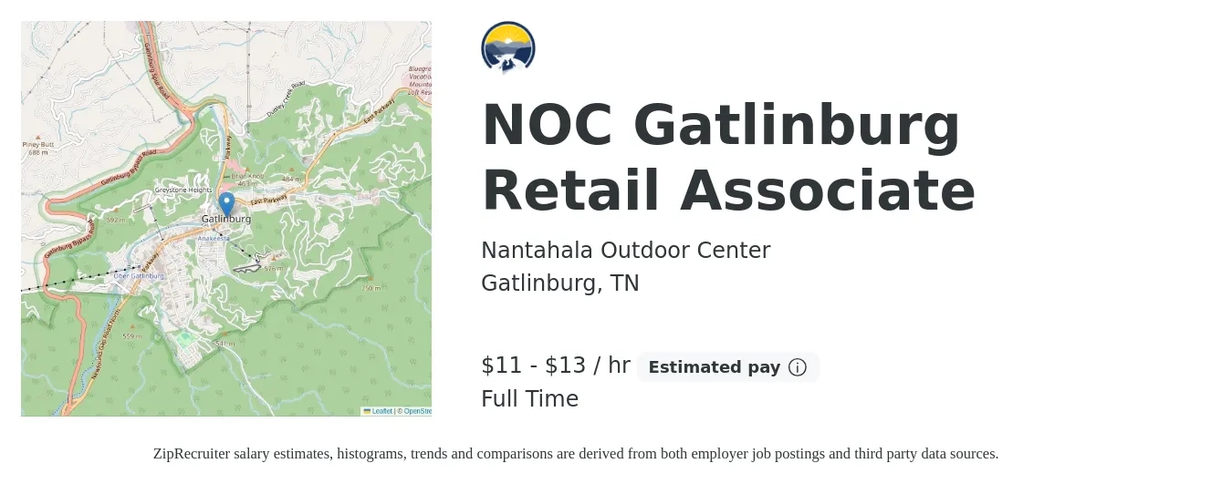 Nantahala Outdoor Center job posting for a NOC Gatlinburg Retail Associate in Gatlinburg, TN with a salary of $12 to $14 Hourly with a map of Gatlinburg location.