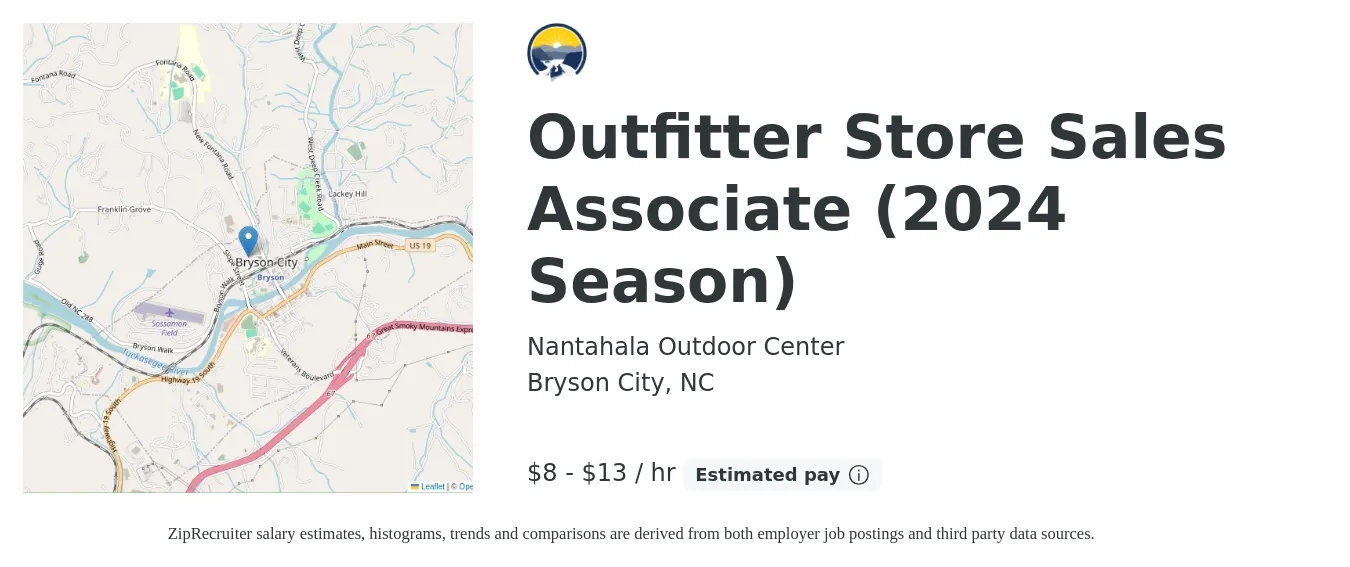 Nantahala Outdoor Center job posting for a Outfitter Store Sales Associate (2024 Season) in Bryson City, NC with a salary of $9 to $14 Hourly with a map of Bryson City location.