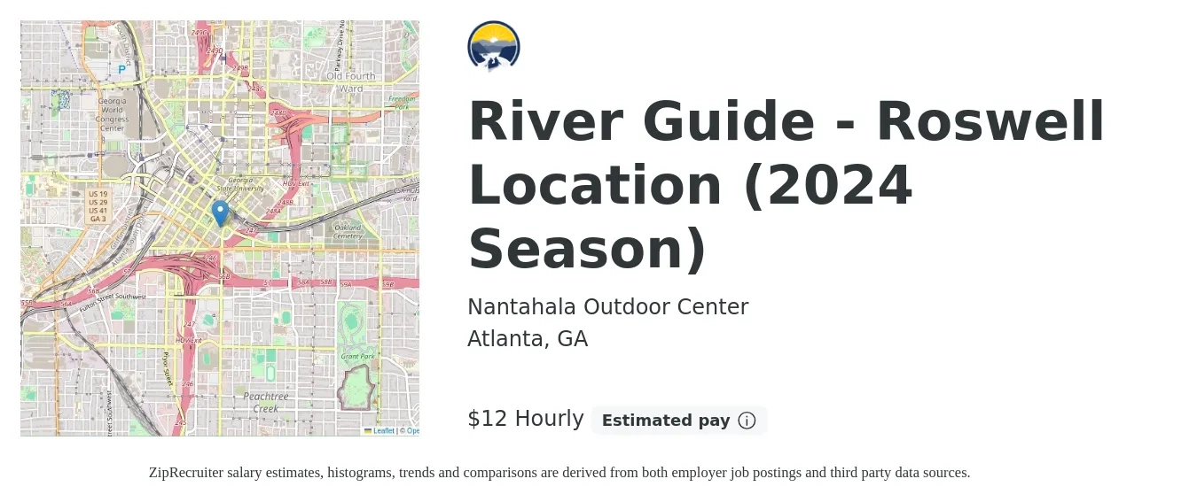 Nantahala Outdoor Center job posting for a River Guide - Roswell Location (2024 Season) in Atlanta, GA with a salary of $12 to $13 Hourly with a map of Atlanta location.