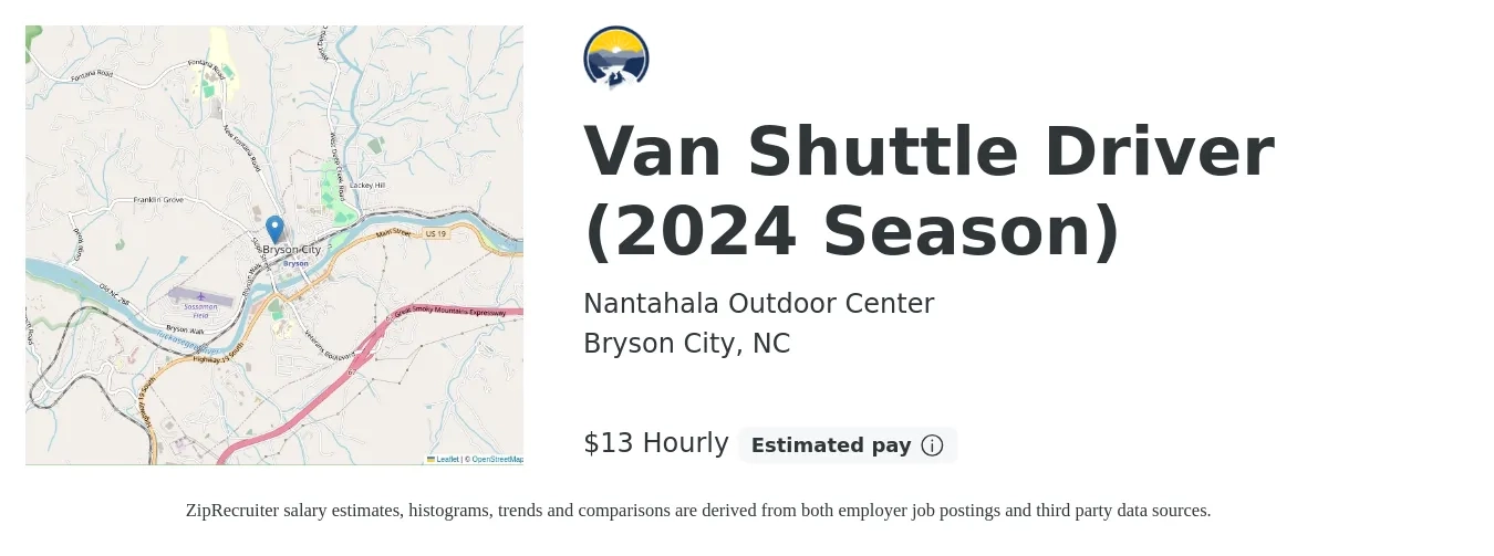 Nantahala Outdoor Center job posting for a Van Shuttle Driver (2024 Season) in Bryson City, NC with a salary of $14 Hourly with a map of Bryson City location.