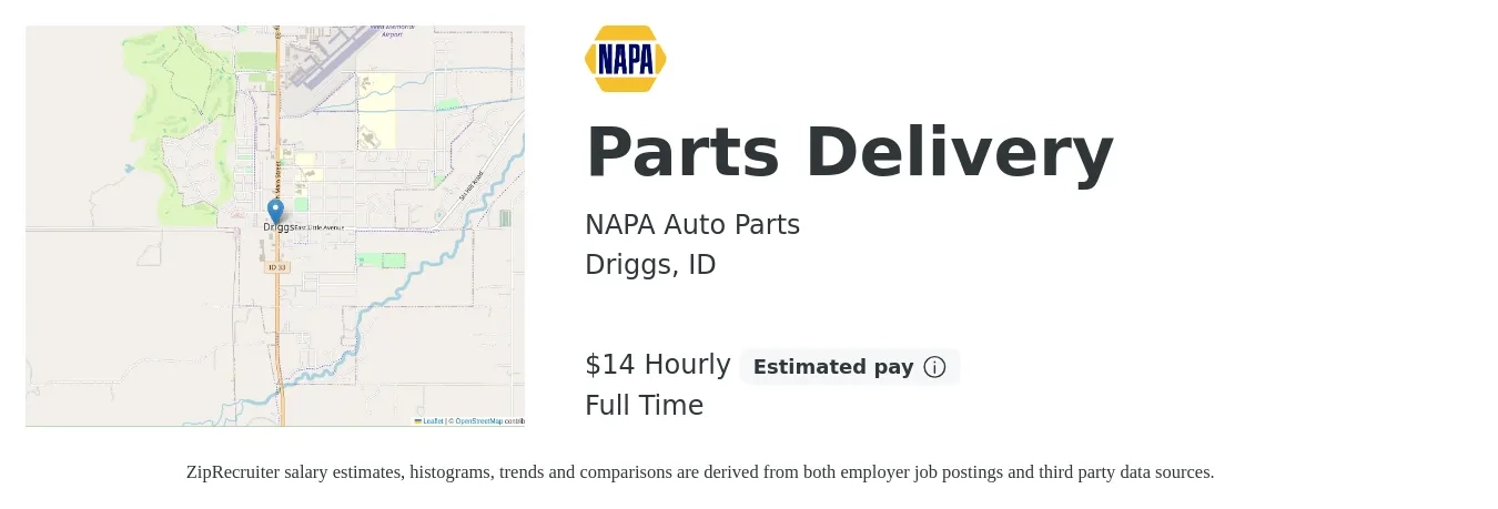 NAPA Auto Parts job posting for a Parts Delivery in Driggs, ID with a salary of $15 Hourly with a map of Driggs location.