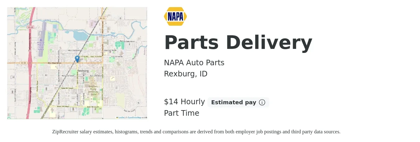 NAPA Auto Parts job posting for a Parts Delivery in Rexburg, ID with a salary of $15 Hourly with a map of Rexburg location.