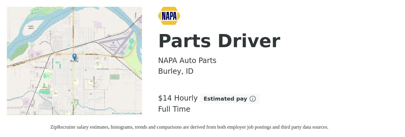 NAPA Auto Parts job posting for a Parts Driver in Burley, ID with a salary of $15 Hourly with a map of Burley location.