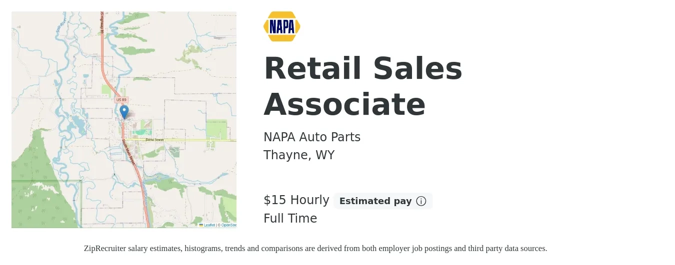 NAPA Auto Parts job posting for a Retail Sales Associate in Thayne, WY with a salary of $16 Hourly with a map of Thayne location.