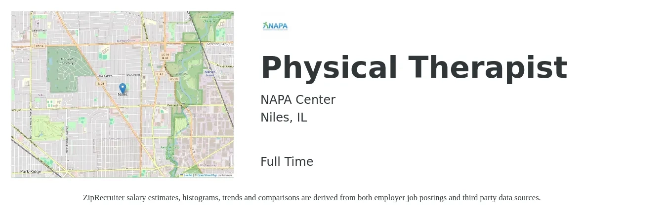 NAPA Center job posting for a Physical Therapist in Niles, IL with a salary of $1,670 to $2,160 Weekly with a map of Niles location.