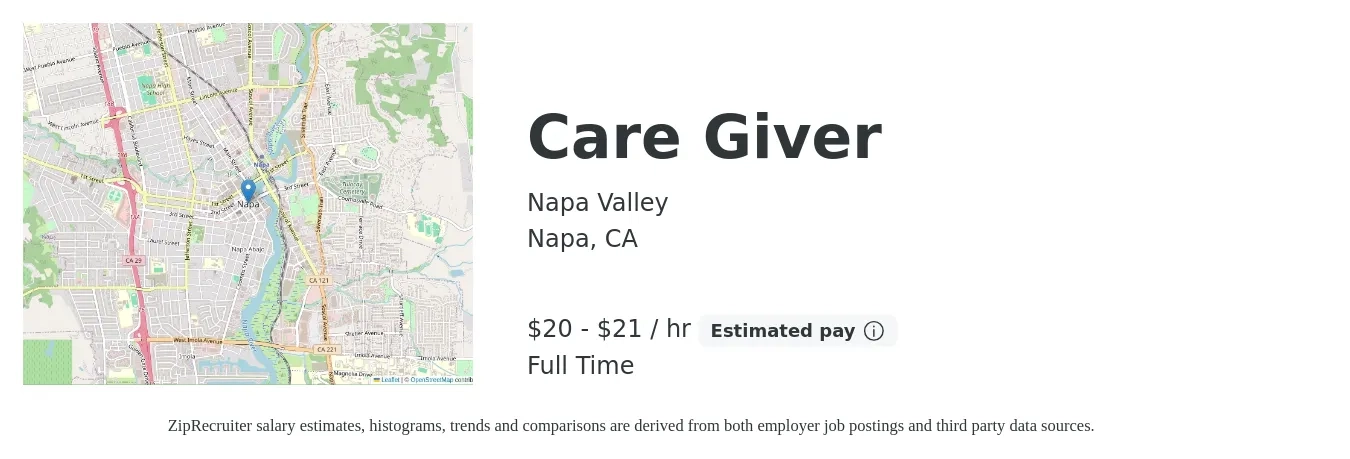 Napa Valley job posting for a Care Giver in Napa, CA with a salary of $19 to $20 Hourly with a map of Napa location.