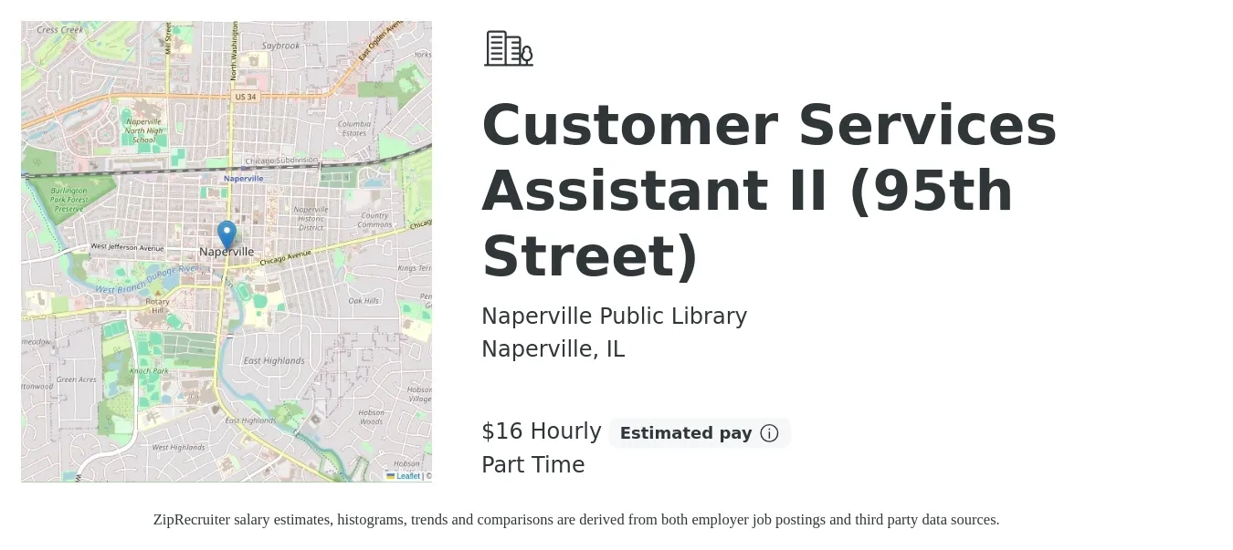Naperville Public Library job posting for a Customer Services Assistant II (95th Street) in Naperville, IL with a salary of $17 Hourly with a map of Naperville location.