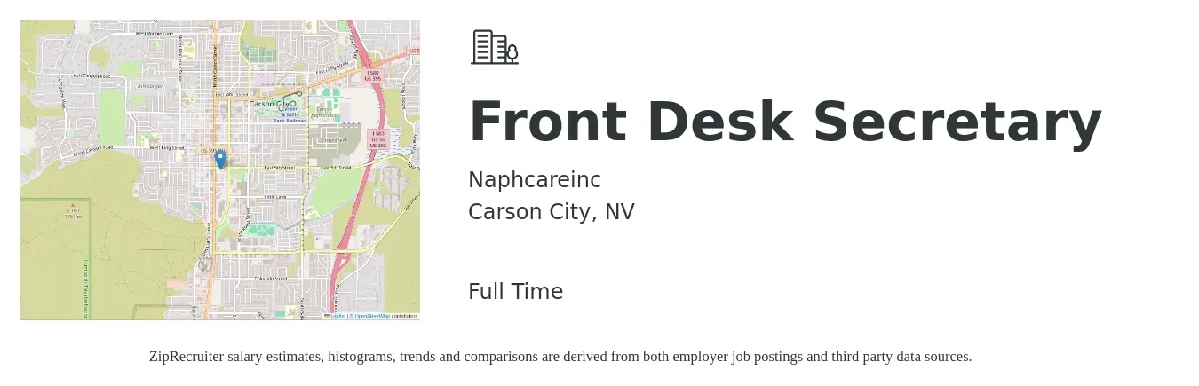 Naphcareinc job posting for a Front Desk Secretary in Carson City, NV with a salary of $36,700 to $51,400 Yearly with a map of Carson City location.