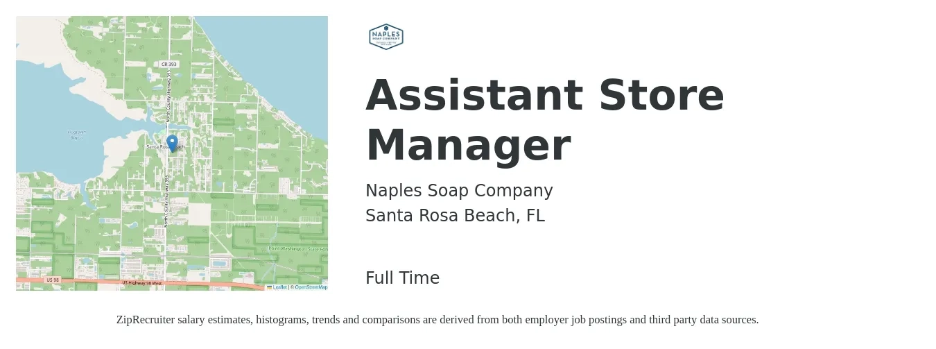 Naples Soap Company job posting for a Assistant Store Manager in Santa Rosa Beach, FL with a salary of $18 to $19 Hourly with a map of Santa Rosa Beach location.