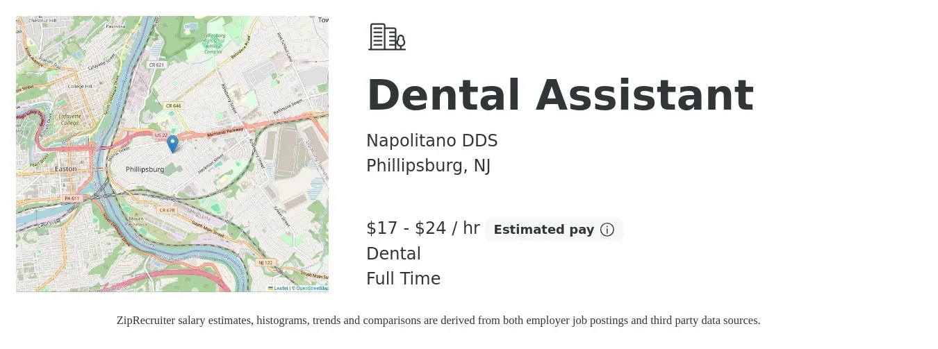 Napolitano DDS job posting for a Dental Assistant in Phillipsburg, NJ with a salary of $18 to $25 Hourly (plus commission) and benefits including retirement, dental, and pto with a map of Phillipsburg location.