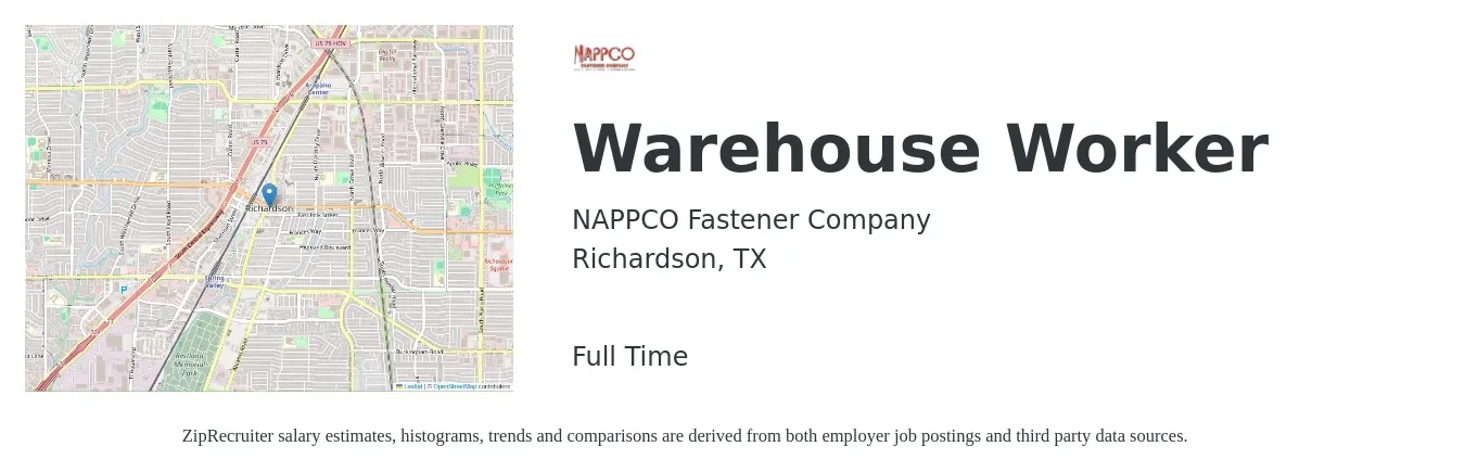 NAPPCO Fastener Company job posting for a Warehouse Worker in Richardson, TX with a salary of $14 to $18 Hourly with a map of Richardson location.