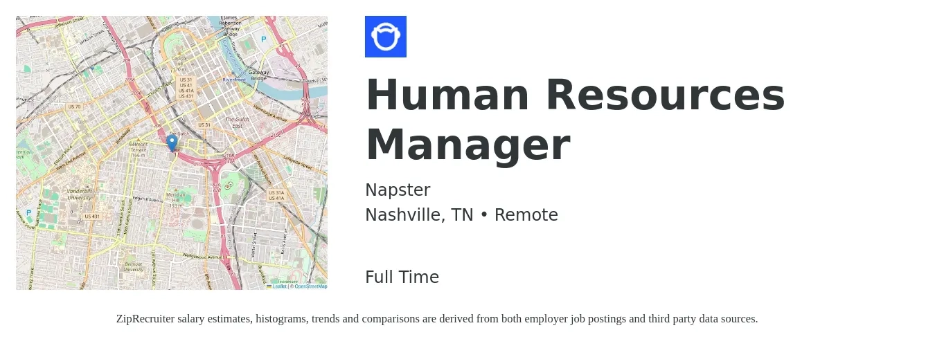 Napster job posting for a Human Resources Manager in Nashville, TN with a salary of $66,600 to $96,600 Yearly with a map of Nashville location.
