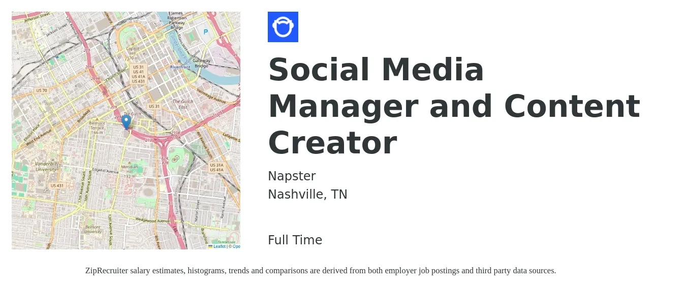 Napster job posting for a Social Media Manager and Content Creator in Nashville, TN with a salary of $45,900 to $73,900 Yearly with a map of Nashville location.