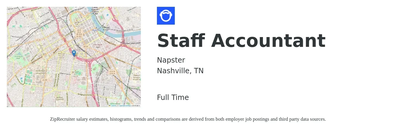 Napster job posting for a Staff Accountant in Nashville, TN with a salary of $53,100 to $70,000 Yearly with a map of Nashville location.