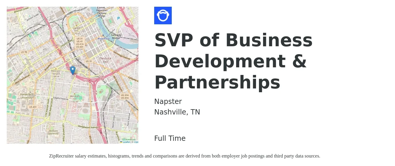 Napster job posting for a SVP of Business Development & Partnerships in Nashville, TN with a salary of $90,300 to $146,300 Yearly with a map of Nashville location.