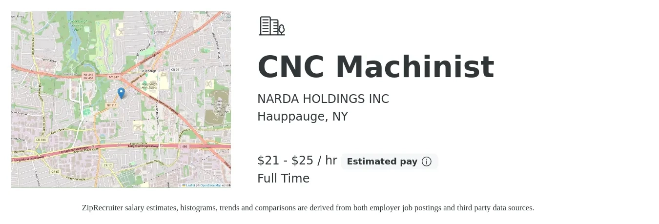 NARDA HOLDINGS INC job posting for a CNC Machinist in Hauppauge, NY with a salary of $22 to $26 Hourly with a map of Hauppauge location.