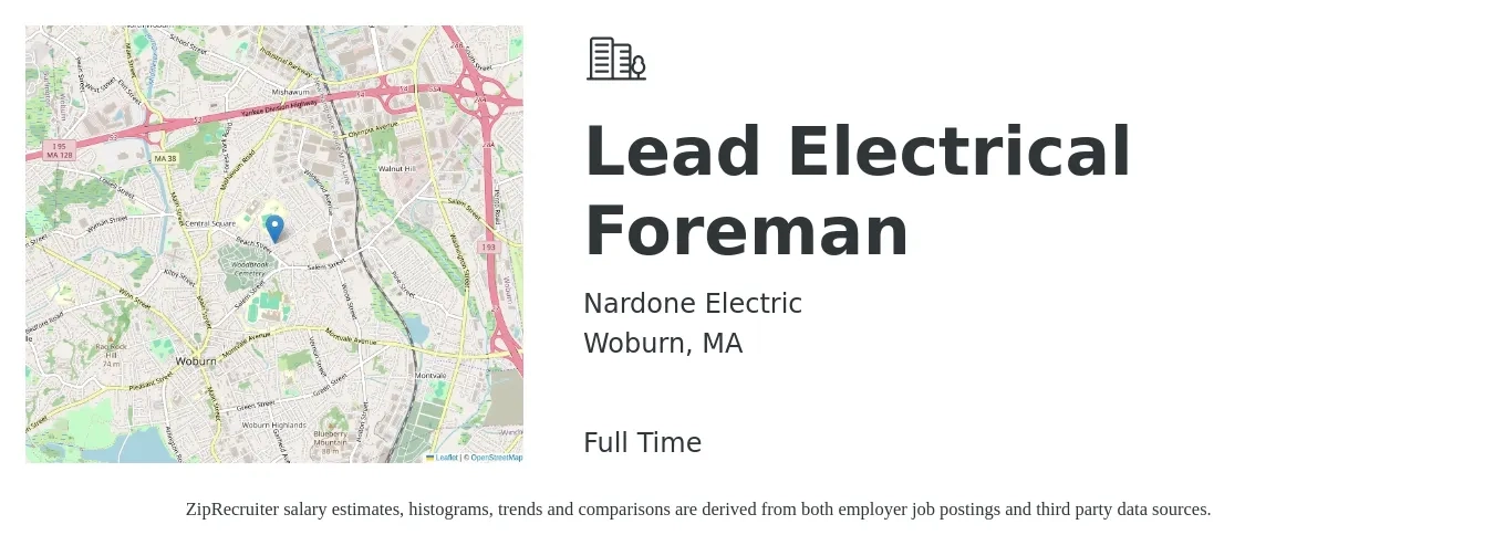 Nardone Electric job posting for a Lead Electrical Foreman in Woburn, MA with a salary of $34 to $51 Hourly with a map of Woburn location.