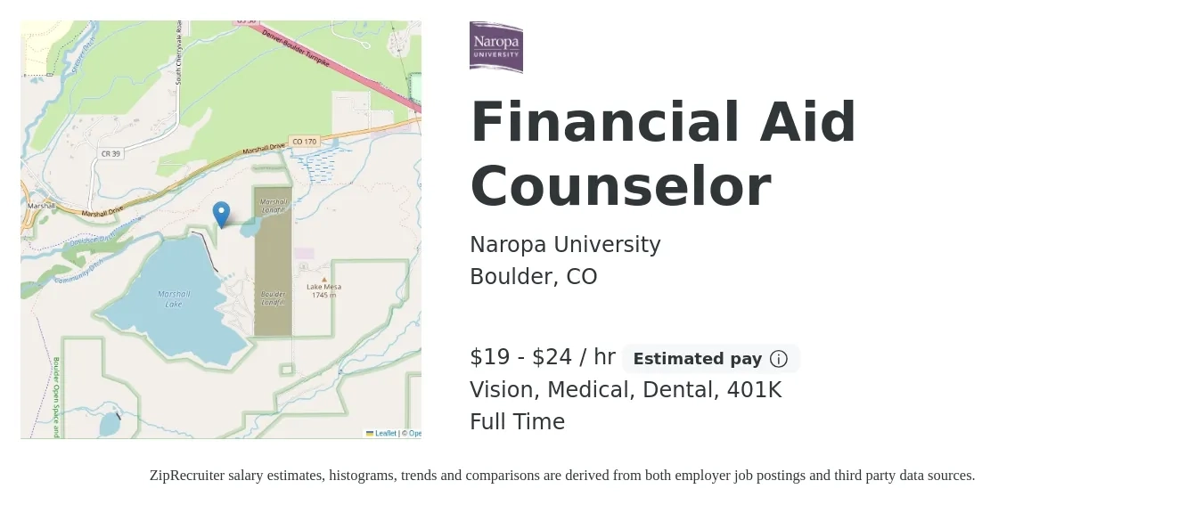 Naropa University job posting for a Financial Aid Counselor in Boulder, CO with a salary of $20 to $25 Hourly and benefits including dental, life_insurance, medical, vision, and 401k with a map of Boulder location.