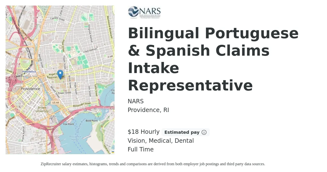 NARS job posting for a Bilingual Portuguese & Spanish Claims Intake Representative in Providence, RI with a salary of $19 Hourly and benefits including life_insurance, medical, retirement, vision, and dental with a map of Providence location.