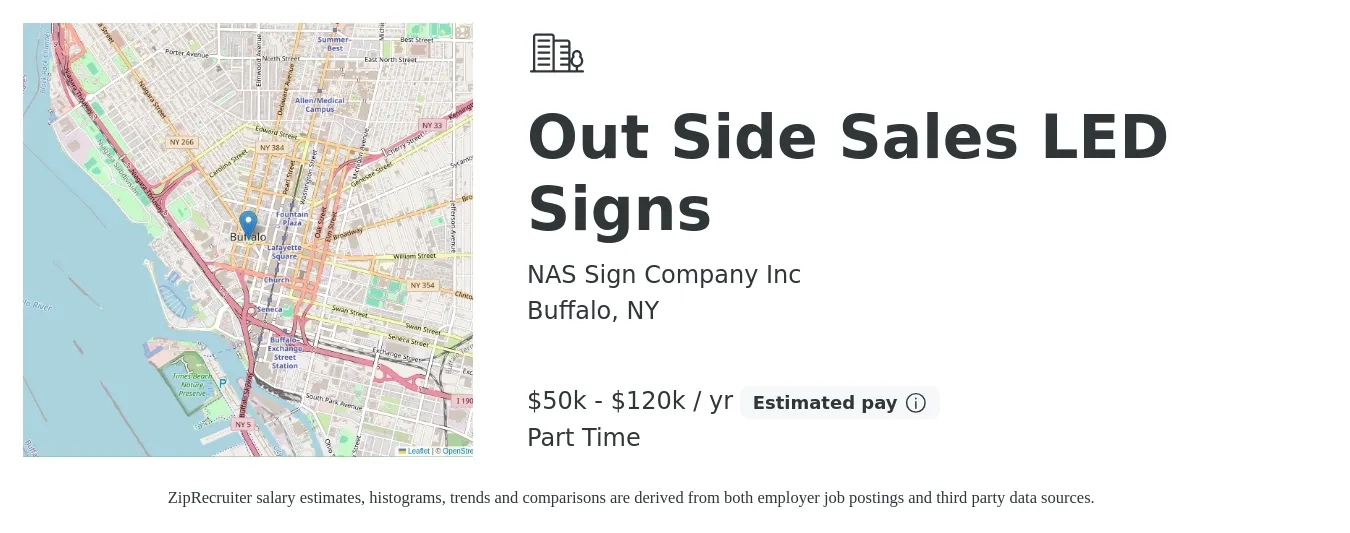 NAS Sign Company Inc job posting for a Out Side Sales LED Signs in Buffalo, NY with a salary of $50,000 to $120,000 Yearly with a map of Buffalo location.