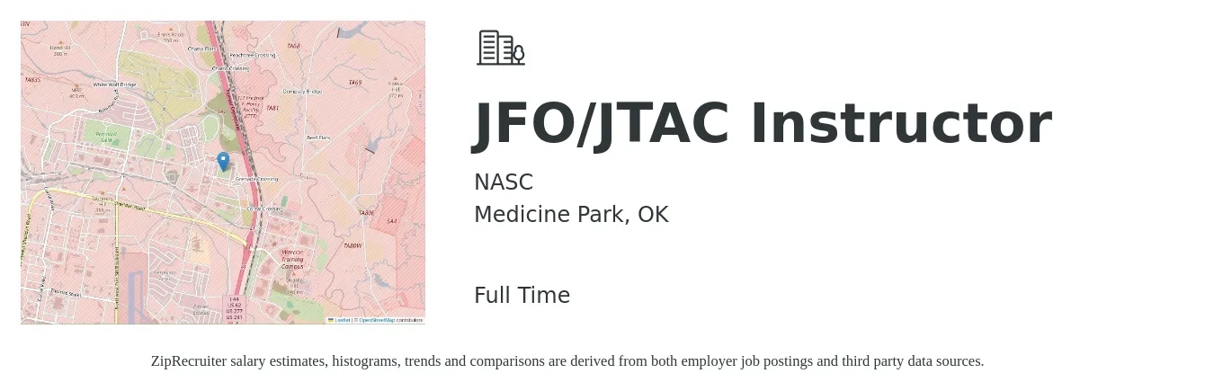 NASC job posting for a JFO/JTAC Instructor in Medicine Park, OK with a salary of $51,800 to $68,100 Yearly with a map of Medicine Park location.